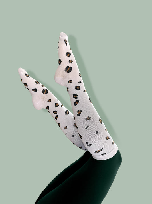White Leopard Print Compression Socks