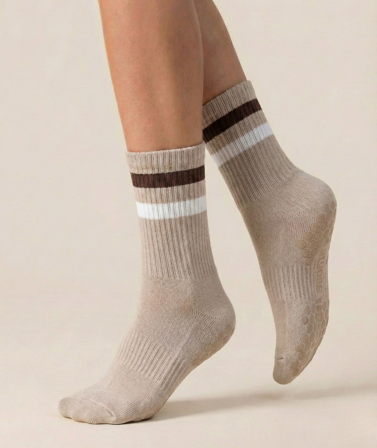 Mocha Striped Pilates Grip Socks