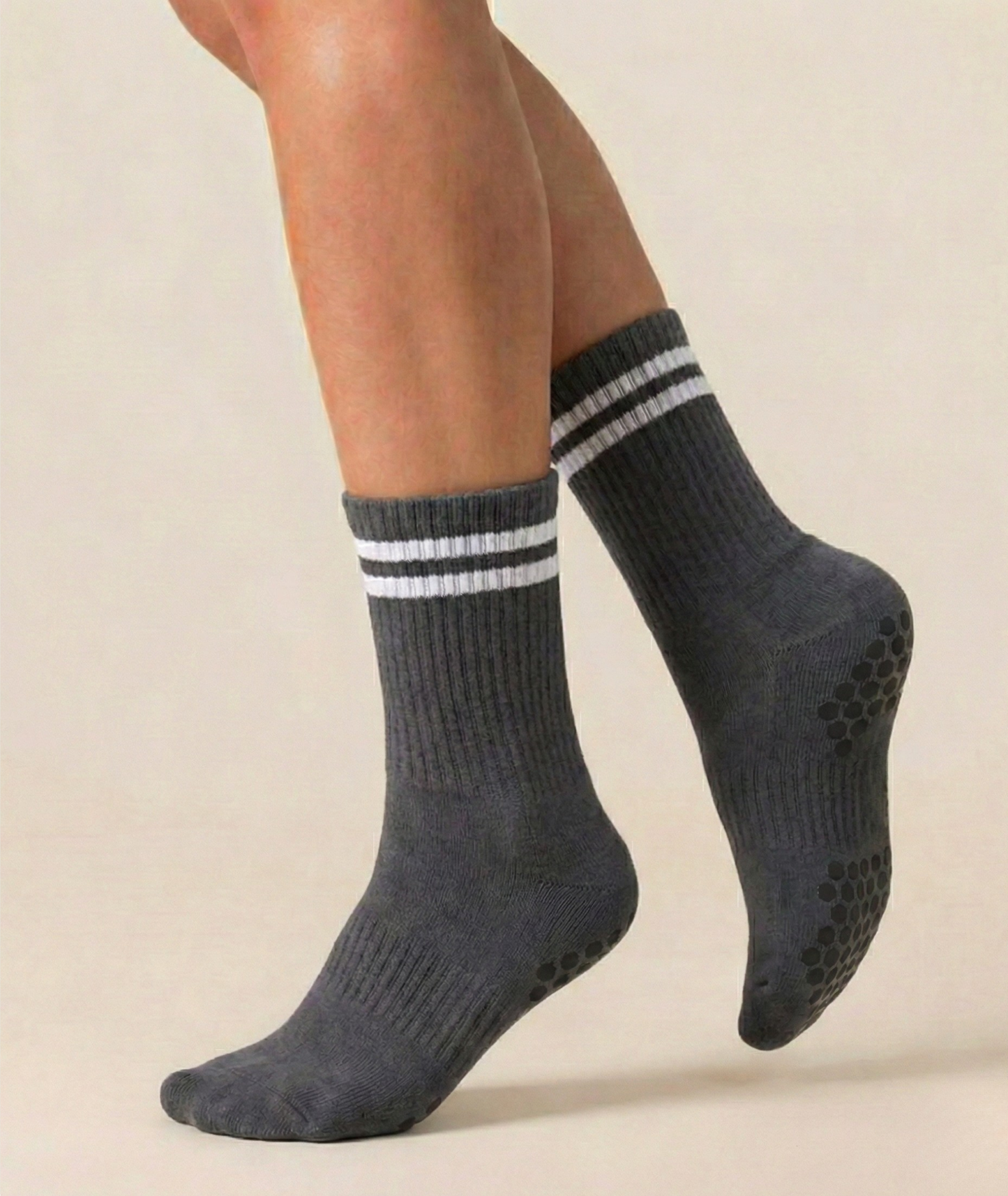 Grey Striped Pilates Grip Socks