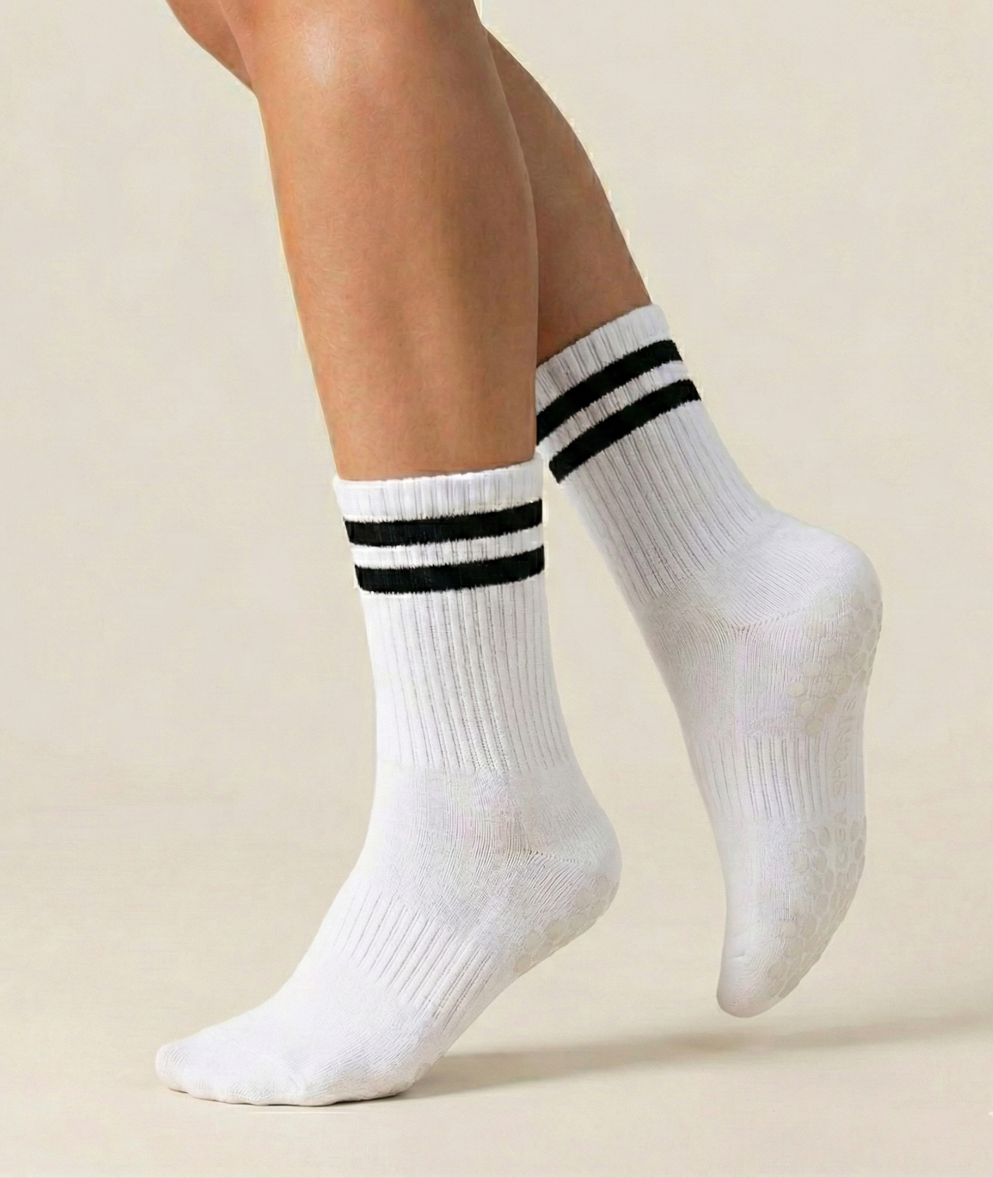 White Striped Pilates Grip Socks