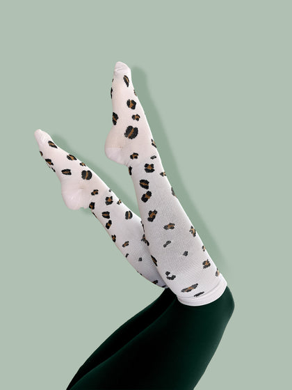 White Leopard Print Compression Socks